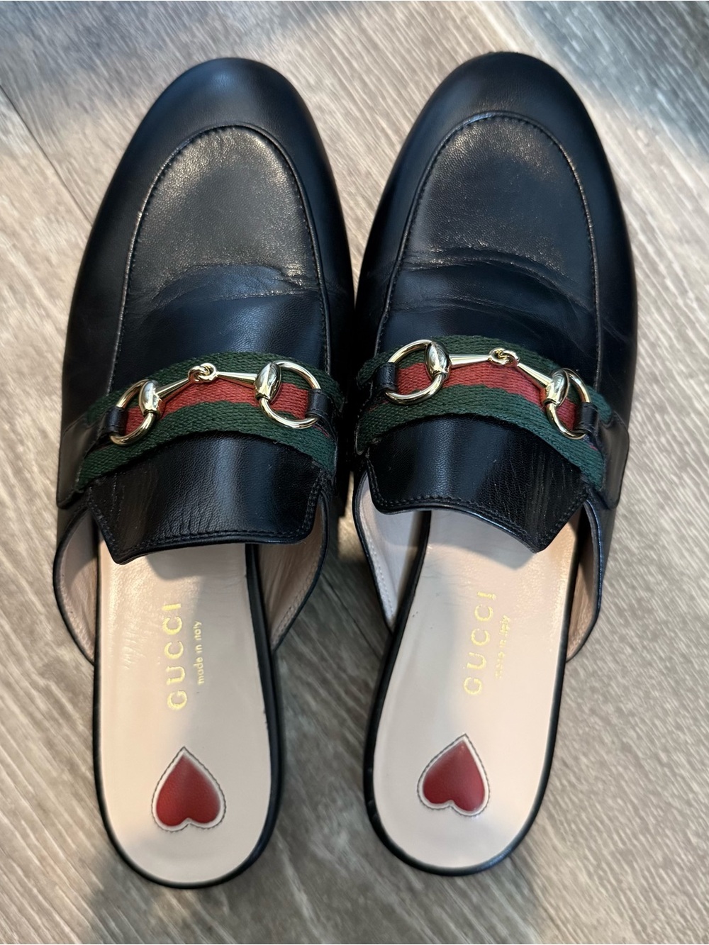 Gucci Black Leather Horsebit Mules with Green-Red Webbing